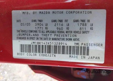 2005 Mazda Mazda3 S из США, поврежденный, VIN JM1BK143X51328914